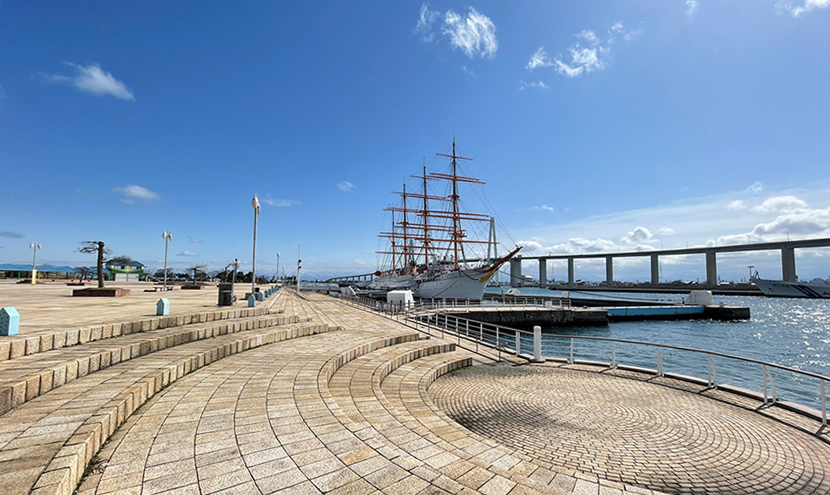 海の貴婦人「海王丸」。網戸(快適ネット)からの景色、海王丸パークと新湊大橋。よく見える網戸快適ネット張り替えなら三恵ネット。