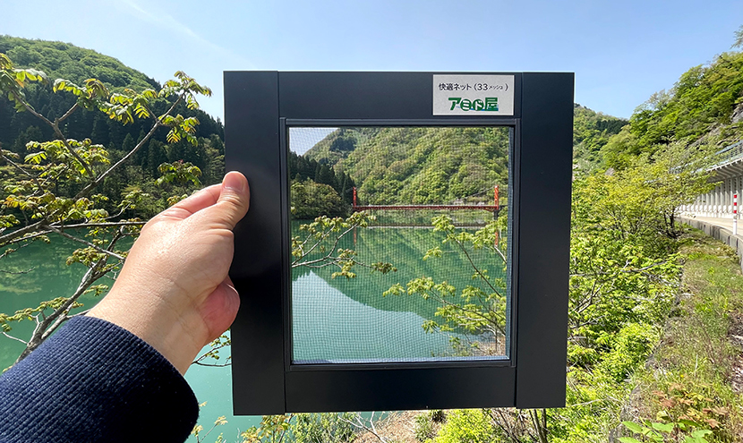 祖山ダム湖に架かる大渡橋、網戸快適ネットからの景色。よく見える網戸快適ネット張り替えなら三恵ネット。