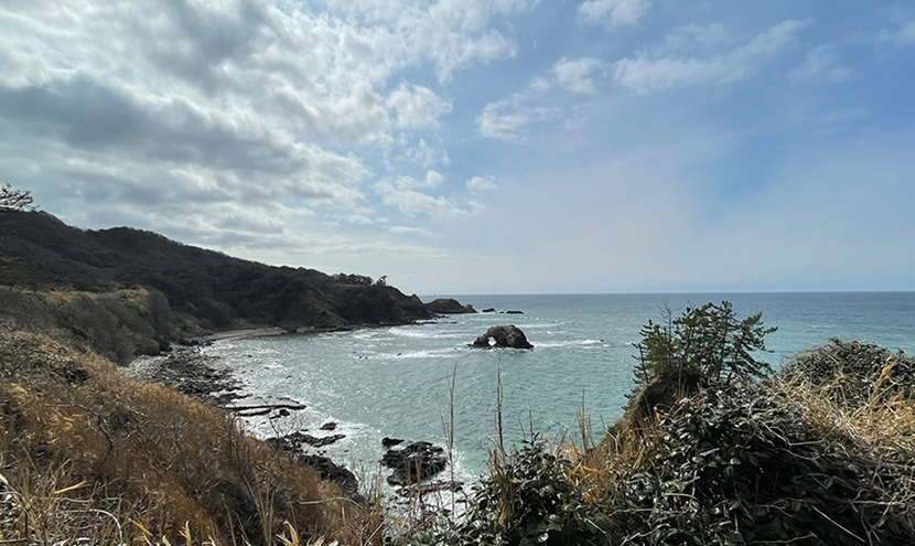 関野鼻海岸のくぐり岩。網戸(快適ネット)からの景色。ゼロの焦点ヤセの断崖・義経の舟隠し・関野鼻。